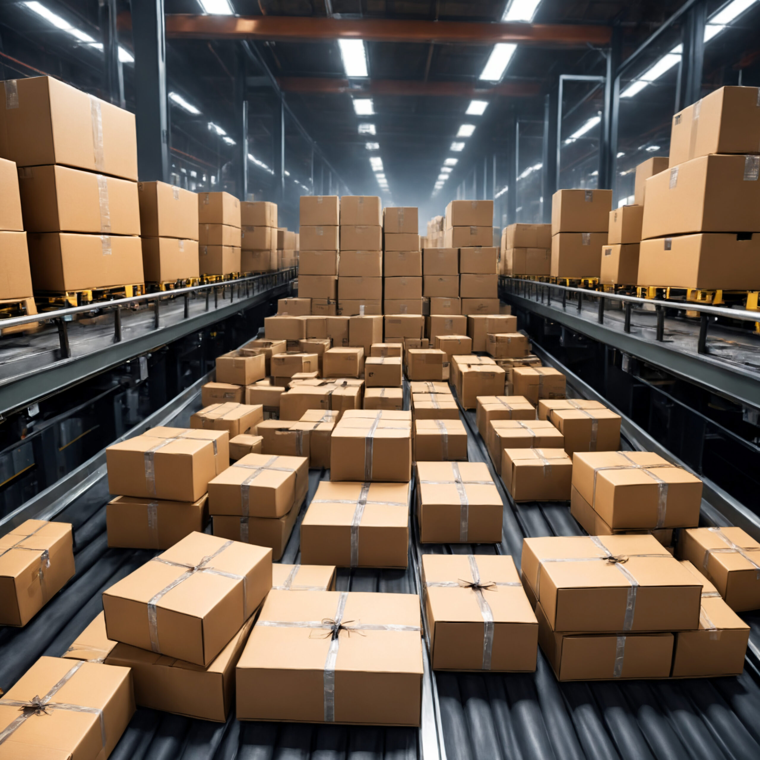 Cardboard boxes sorting on rollers conveyor belt. Generative AI